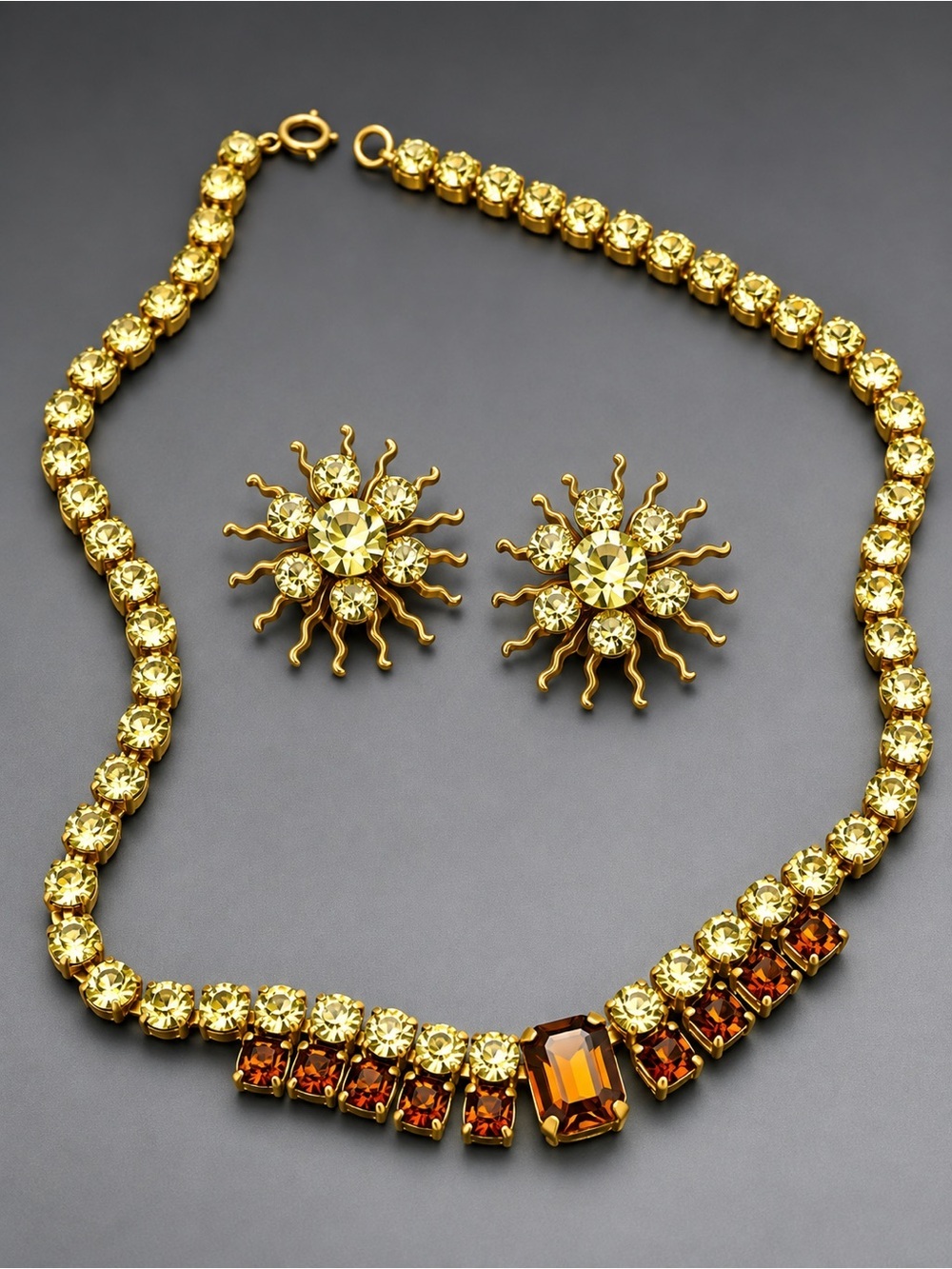 Vintage Jonquil and Amber Rhinestone Necklace and Clip Earrings